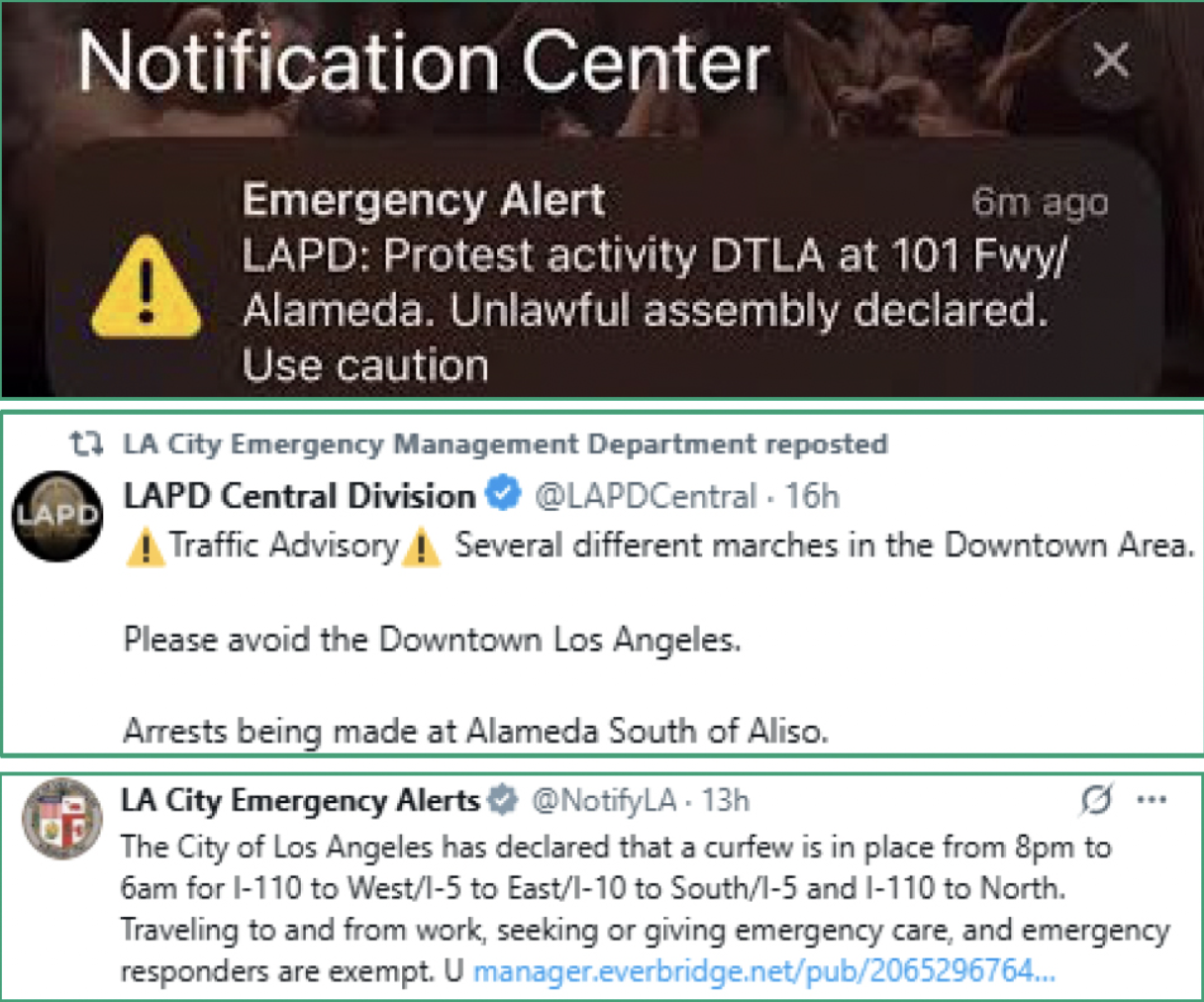 Screen captures of an emergency alert notification and Twitter/X posts from @NotifyLA and @ReadyLA Screen captures of an emergency alert notification and Twitter/X posts from @NotifyLA and @ReadyLA