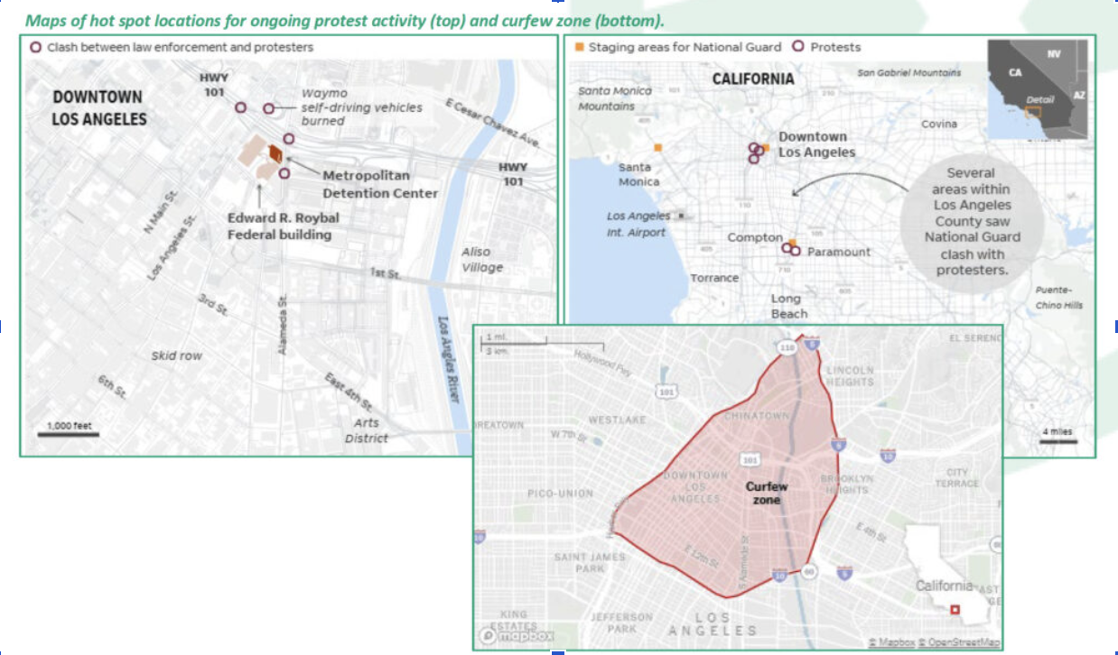 Map of Los Angeles protest activity hot spots and downtown curfew zone as of June 11, 2025 Map of Los Angeles protest activity hot spots and downtown curfew zone as of June 11, 2025